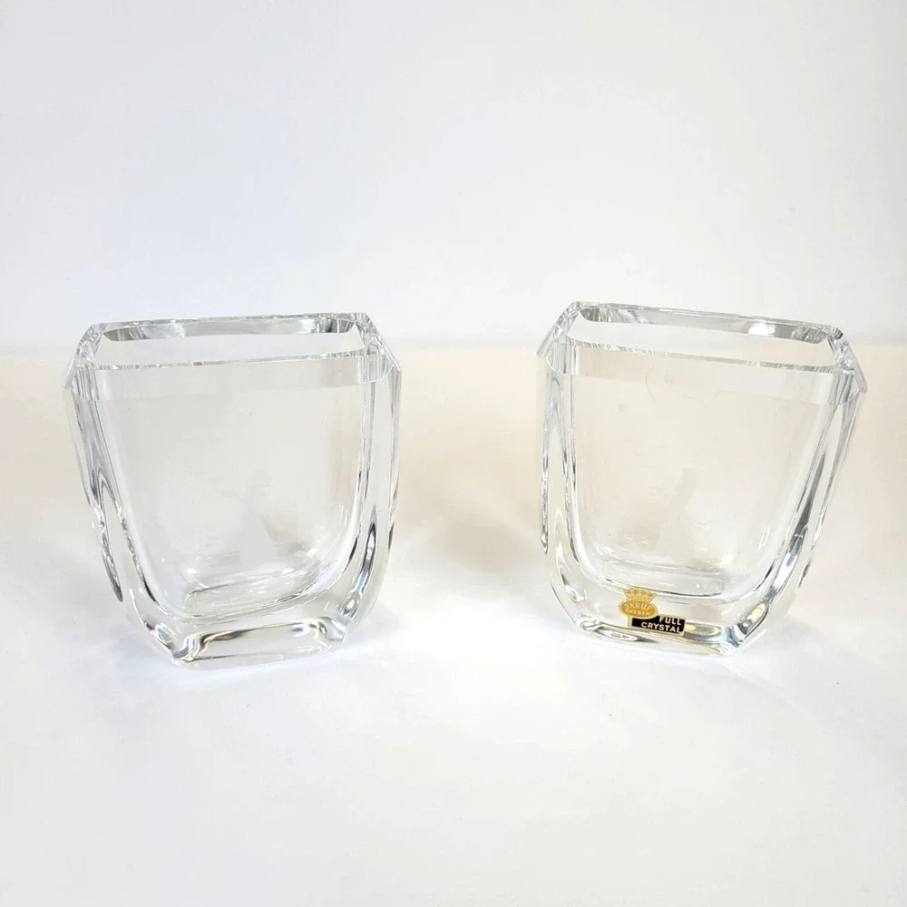 Vtg MCM Skruf Sweden Lead Crystal Pair of 2 Vases Vanity Organizers Signed 3.5